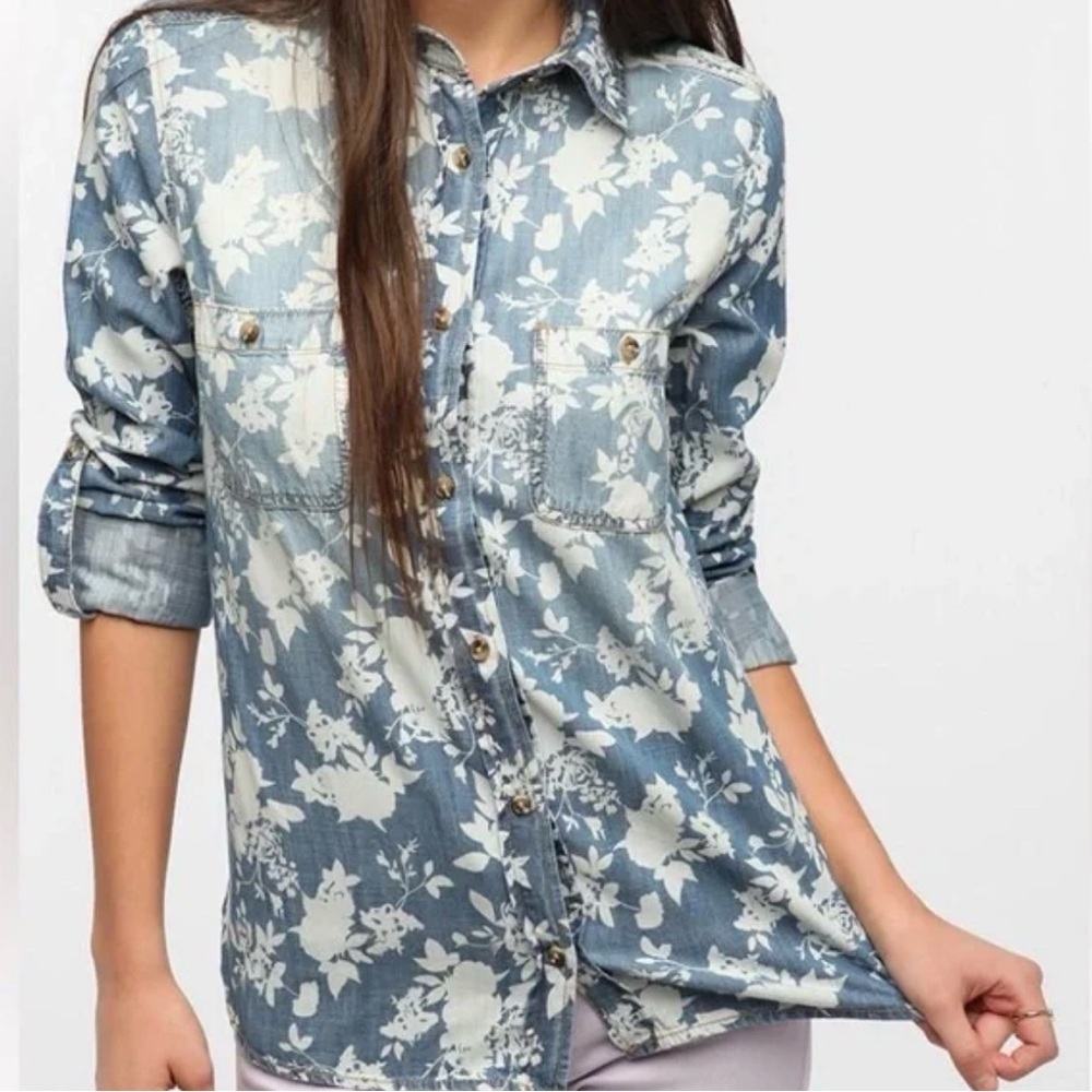BDG Floral Chambray Western Long Sleeve Shirt